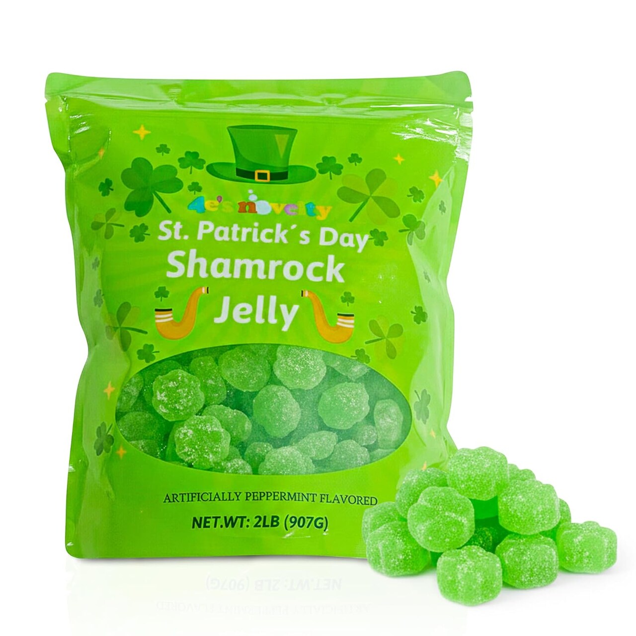 4E's Novelty 170 Pcs St. Patrick's Day Shamrock Candy Bulk 2LB, Artificial Peppermint Flavored Green Shamrock Jelly, Cute and Fun St Patty's Day Gummies, Party Favors and Saint Patricks Day Treats